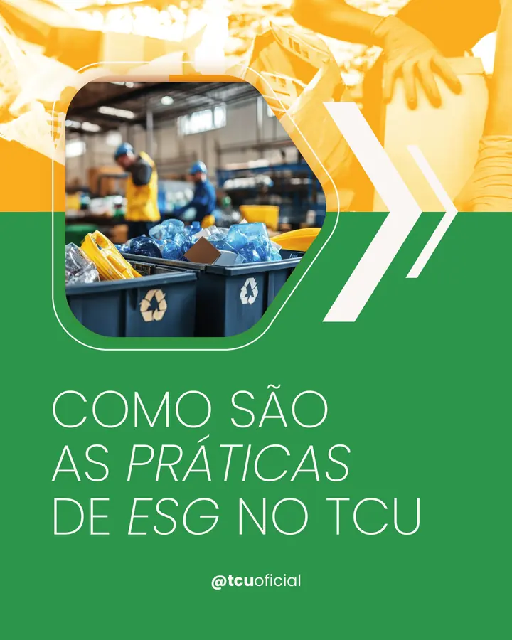 Capa do material Como são as práticas de ESG no TCU, com imagem de reciclagem e identidade verde e amarela.