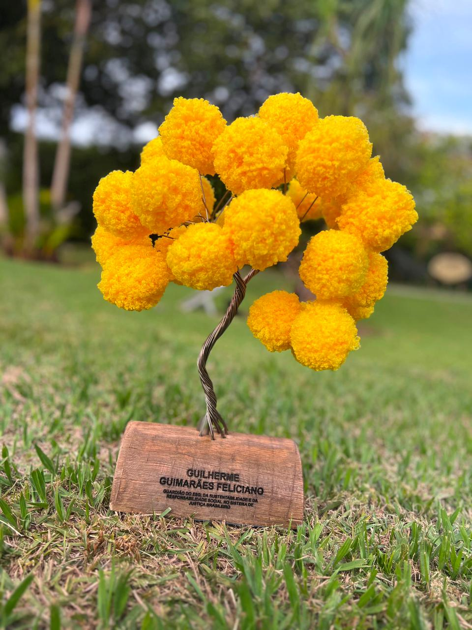 Troféu honorífico em formato de Ipê do Cerrado, com base em madeira cravada com o nome de Guilherme Guimarães Feliciano e o título de Guardião do ESG, da Sustentabilidade e da Responsabilidade Social no Sistema de Justiça Brasileiro