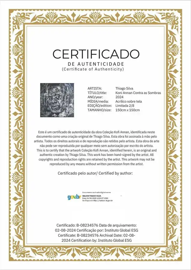 Certificado de autenticidade da obra Koni Annan Contra as Sombras