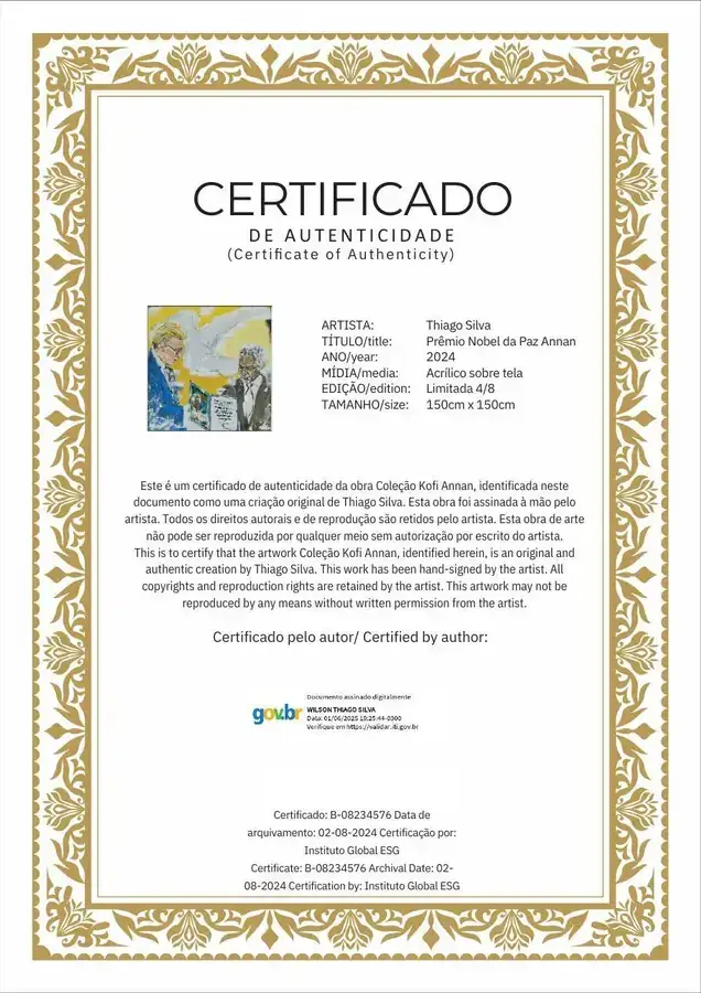 Certificado de autenticidade da obra Prêmio Nobel da Paz Annan