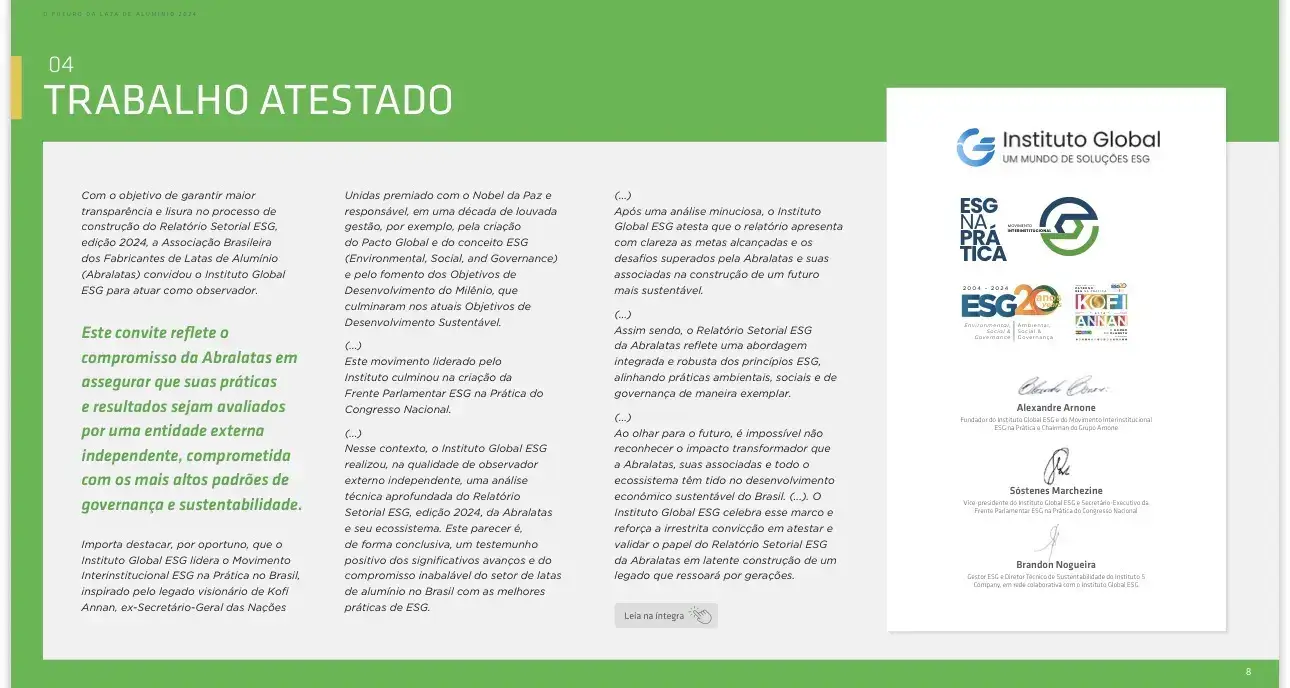 Página Trabalho Atestado do Relatório Setorial ESG Abralatas