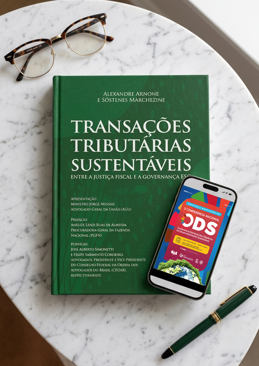 Livro Transações Tributárias Sustentáveis ao lado do celular exibindo o cartaz da Conferência Nacional dos ODS